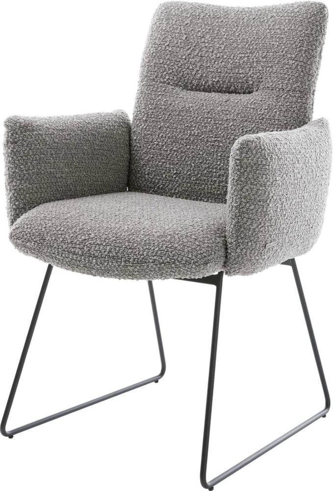 Esszimmerstuhl Jova-Flex mit Armlehnen Bouclé Silbergrau Kufengestell Schwarz Taschenfederkern Bild 1