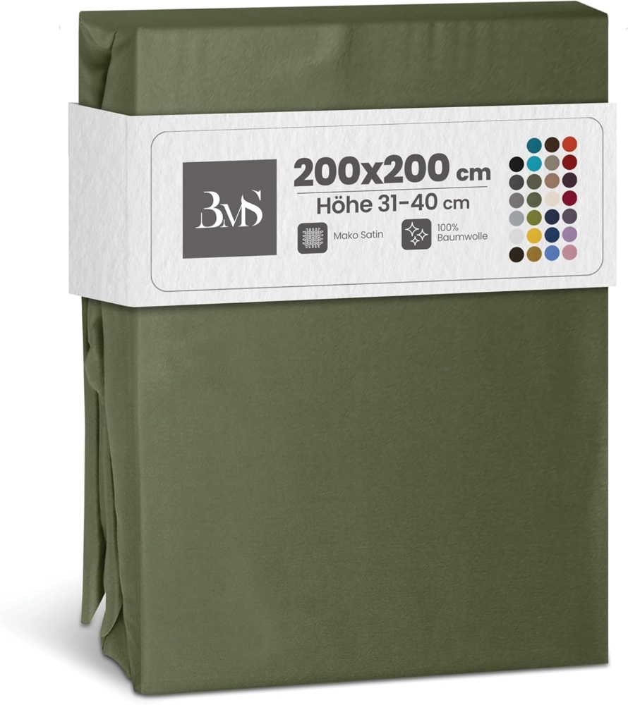 Bettwaesche-mit-Stil Mako-Satin Spannbettlaken dunkelgrün 200x200cm Höhe 31-40cm Bild 1