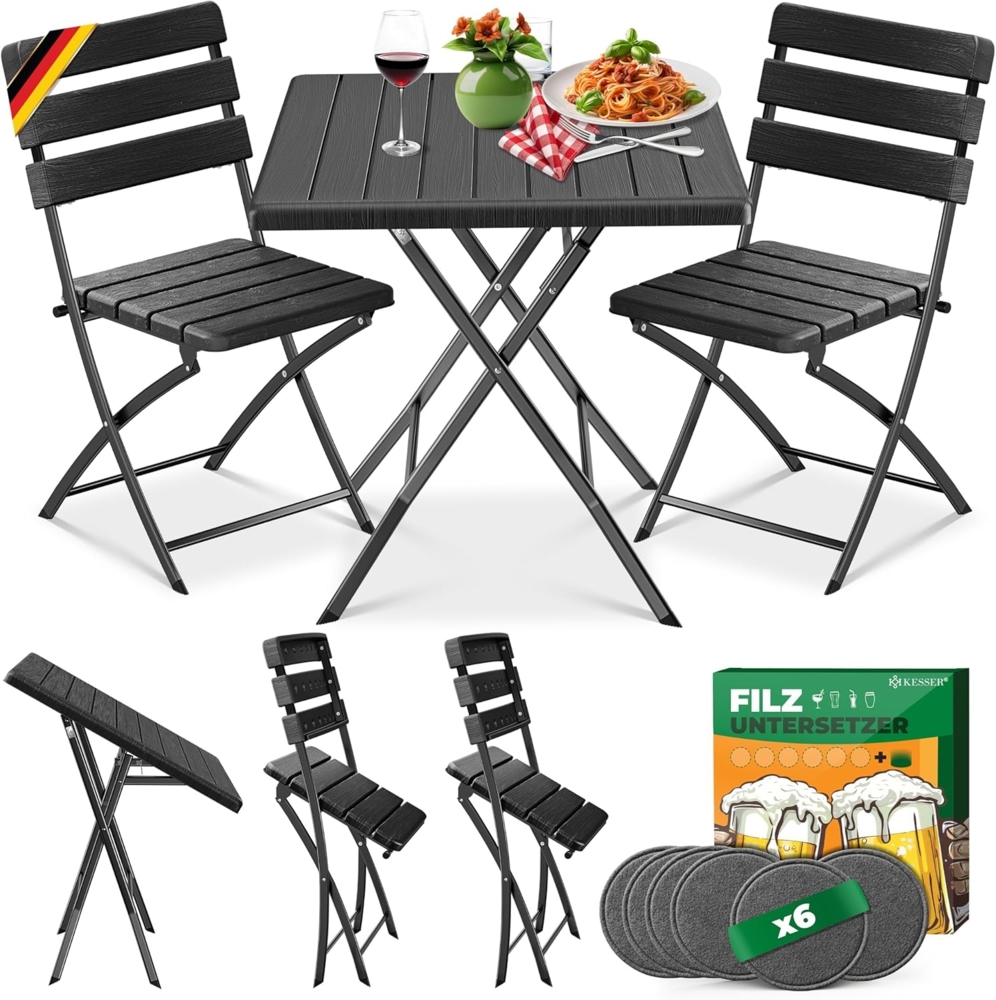 KESSER® Bistroset 3-teilig Balkontisch mit 2 Stühlen | Balkonmöbel Wetterfest & UV-beständig Balkonset klappbare Sitzgruppe | Beschichtetes Stahl | Gartenmöbelset mit 6 Filz-Untersetzer Anthrazit, Holz-Optik Bild 1