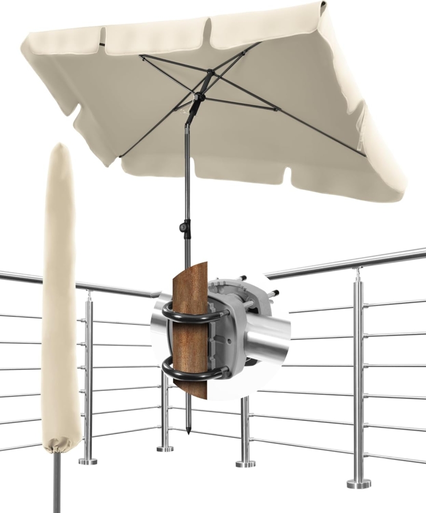 Menz Sonnenschirm Balkon - 3-IN-1 Sonnenschutz Balkon SET in Beige, UPF 50+ Sonnenschirm rechteckig 200x125 cm + Sonnenschirmhalter Balkongeländer + Sonnenschirmhülle Bild 1