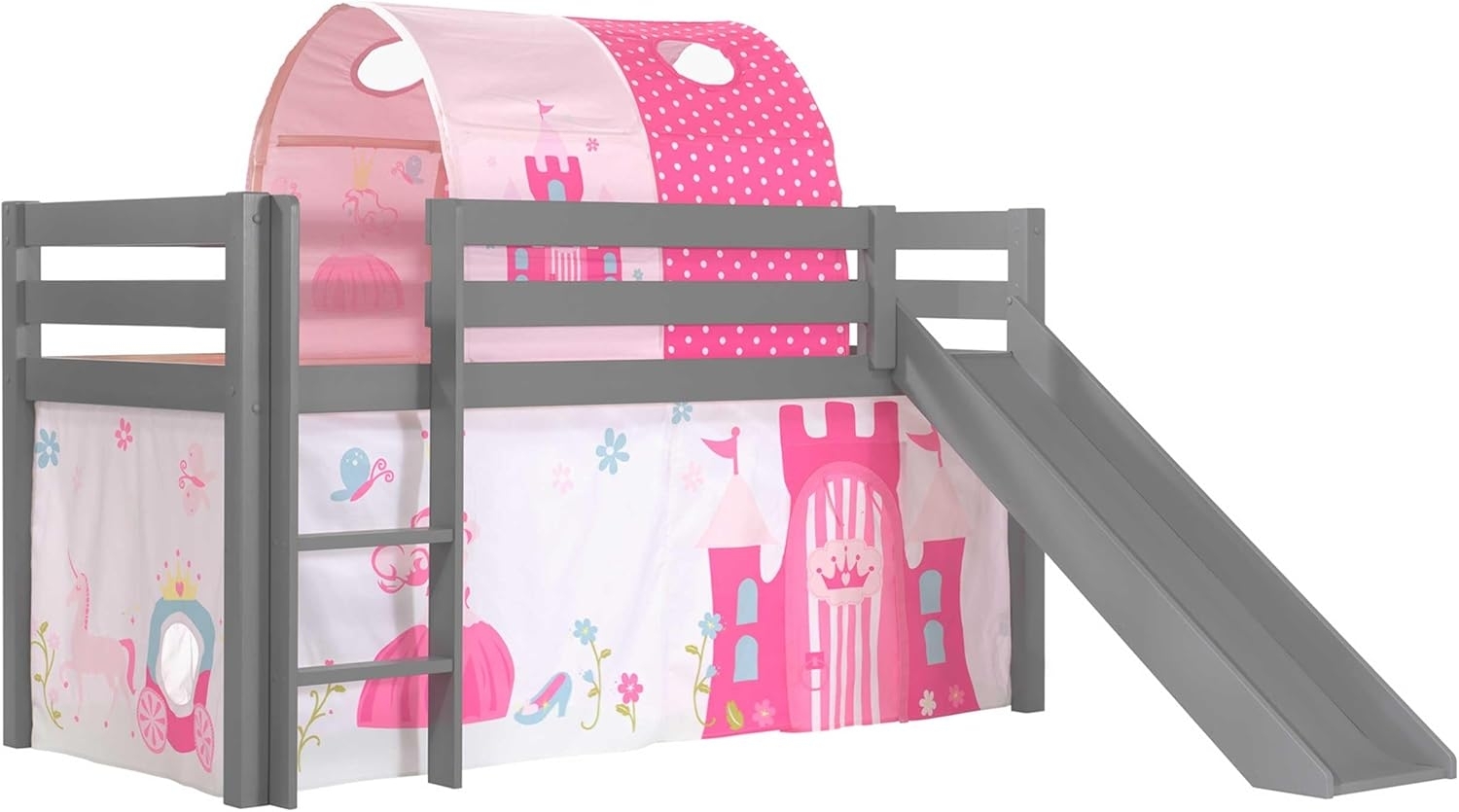 Vipack Spielbett 'Pino' inkl. Rutsche grau, mit Textilset Vorhang und Tunnel 'Princess' Bild 1