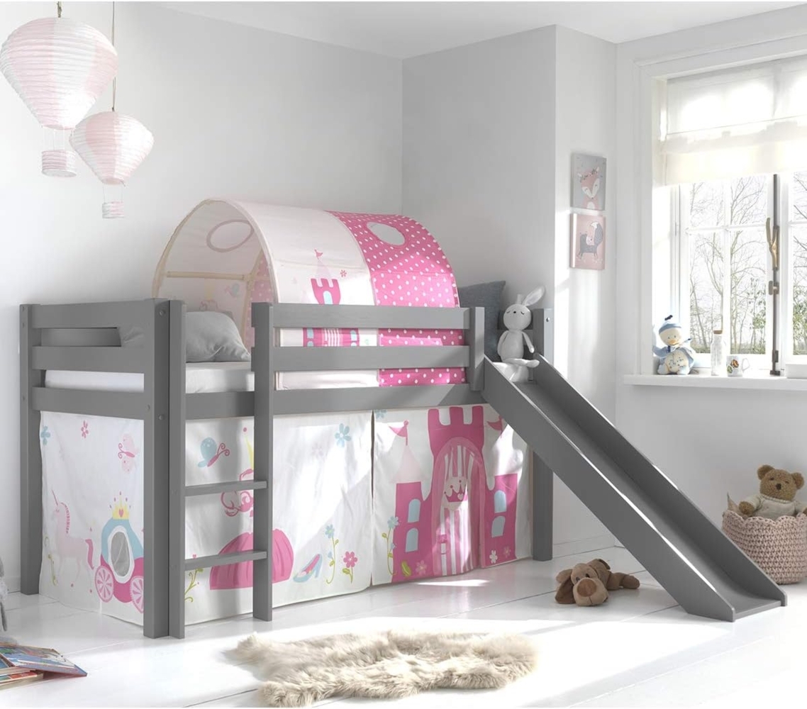 Vipack Spielbett 'Pino' inkl. Rutsche grau, mit Textilset Vorhang und Tunnel 'Princess' Bild 1