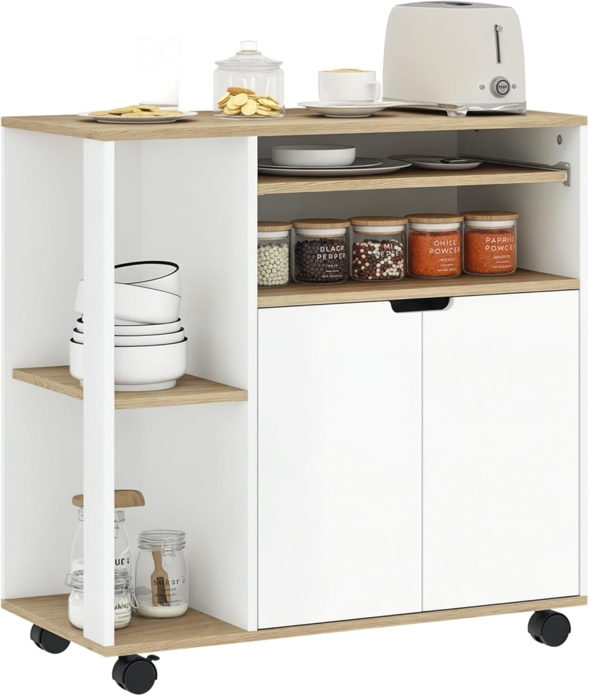 HOMCOM Servierwagen mit Schrank, verschiebbaren und verstellbaren Einlegeböden, (Küchenwagen, 1 St, Rollwagen), für Esszimmer, 80 x 40 x 82 cm, Weiß Bild 1