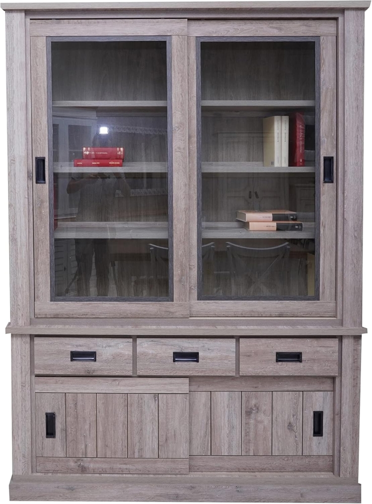 Dmora Sideboard mit Vitrine und Sockel mit zwei Türen und drei Schubladen, braune Farbe, 150 x 203 x 40 cm. Bild 1