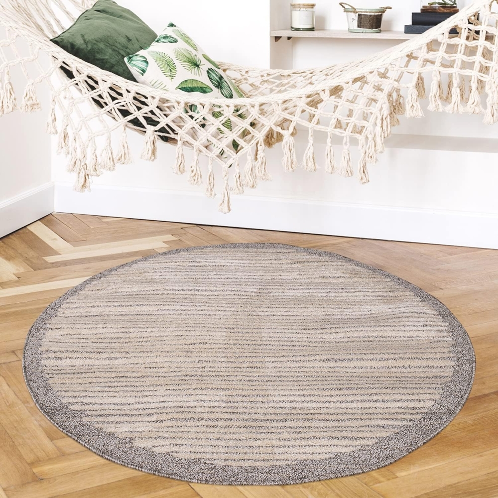 Teppich Rund - Braun-Beige Streifen –160x160cm Kurzflor Modern Dekoration fürs Wohnzimmer Schlafzimmer Skandinavische Teppiche Bild 1