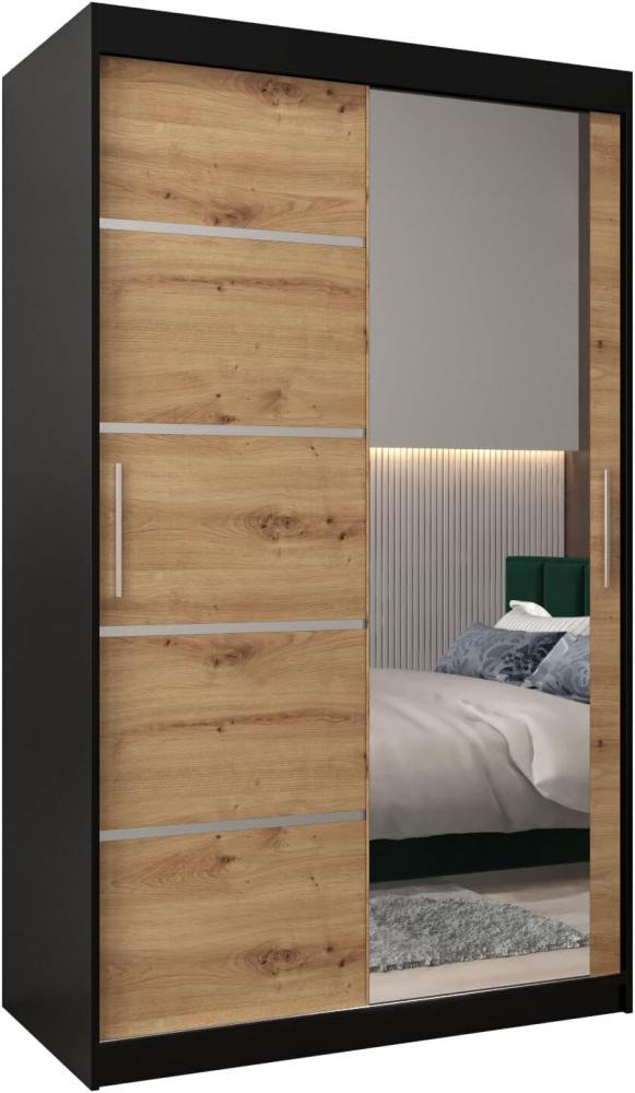 KRYSPOL Schwebetürenschrank Verona 2-120 cm mit Spiegel Kleiderschrank mit Kleiderstange und Einlegeboden Schlafzimmer-Wohnzimmerschrank Schiebetüren Modern Design (Schwarz + Artisan Eiche) Bild 1