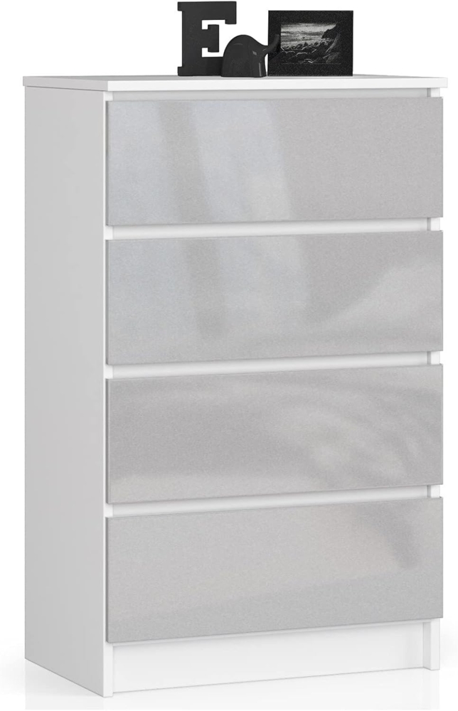 AKORD Kommode mit 4 Schubladen Beistellschrank Highboardmodernes Sideboard für Wohnzimmer Esszimmer Schlafzimmer Flur Badezimmer 60 x 99 x 40 cmWeiß / Metallic-Glanz Bild 1