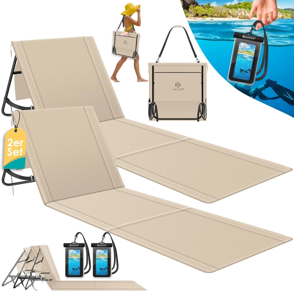 KESSER® Strandmatte klappbar mit verstellbarer Rückenlehne, Strandliege faltbar mit Tragegurt, wasserdichter Handyhülle & Aufbewahrungstasche, Sonnenliege für Strand Garten Terrasse, Liegematte 130Kg Beige, 2er Set Bild 1