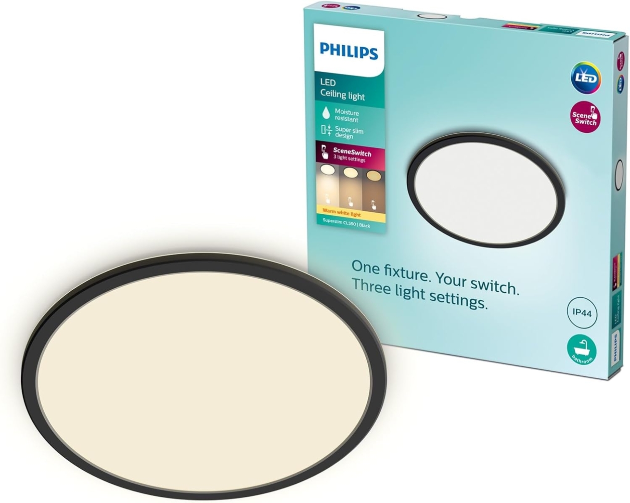 Philips 3-in-1 LED Leuchte SceneSwitch CL550 IP44 1300lm 2700K, Dimmen ohne Dimmer, Schwarz Bild 1