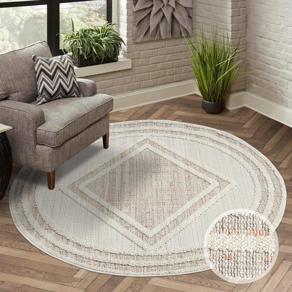 carpet city Teppich Kurzflor Wohnzimmer - Terracotta - 200x200 cm Rund - Teppiche Boho-Style - Raute-Optik - Schlafzimmer, Esszimmer Bild 1