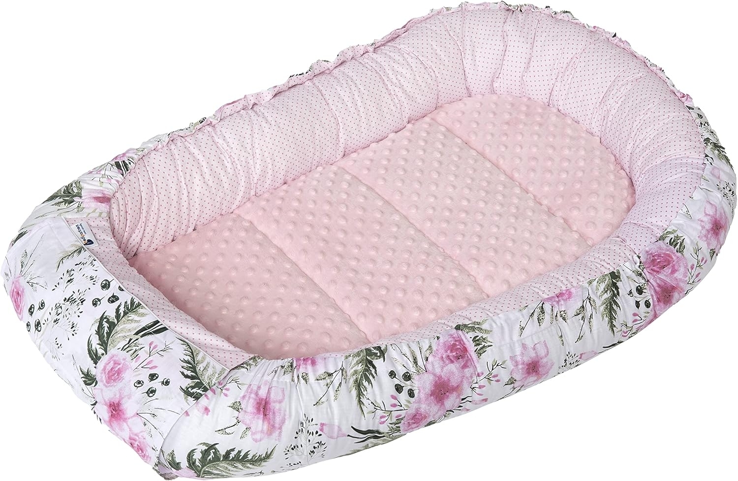 Medi Partners Babynest Kuschelnest Babynestchen 100% Baumwolle Nestchen Reisebett für Babys Säuglinge 100 x 60 x 15 cm herausnehmbarer Einsatz (Blument mit Hellrosa Minky) Bild 1