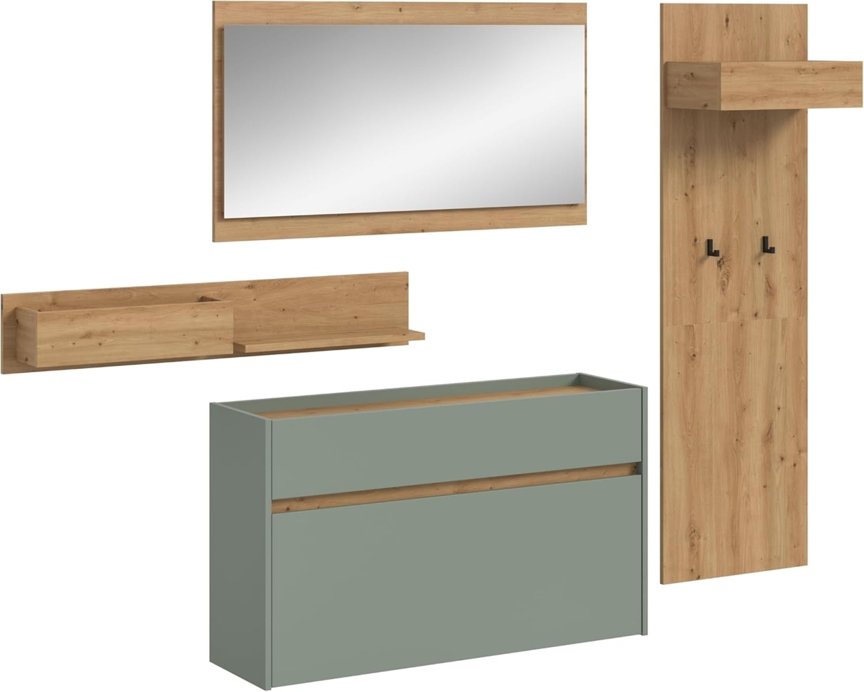xonox. home – 4 teilige Garderobenkombination Drive 205 x 192 x 32 cm in Salbei und Artisan Oak Nachbildung – Set mit Spiegel, Paneel & Schuhkommode – Moderne Garderobe für Diele & Eingangsbereich Bild 1