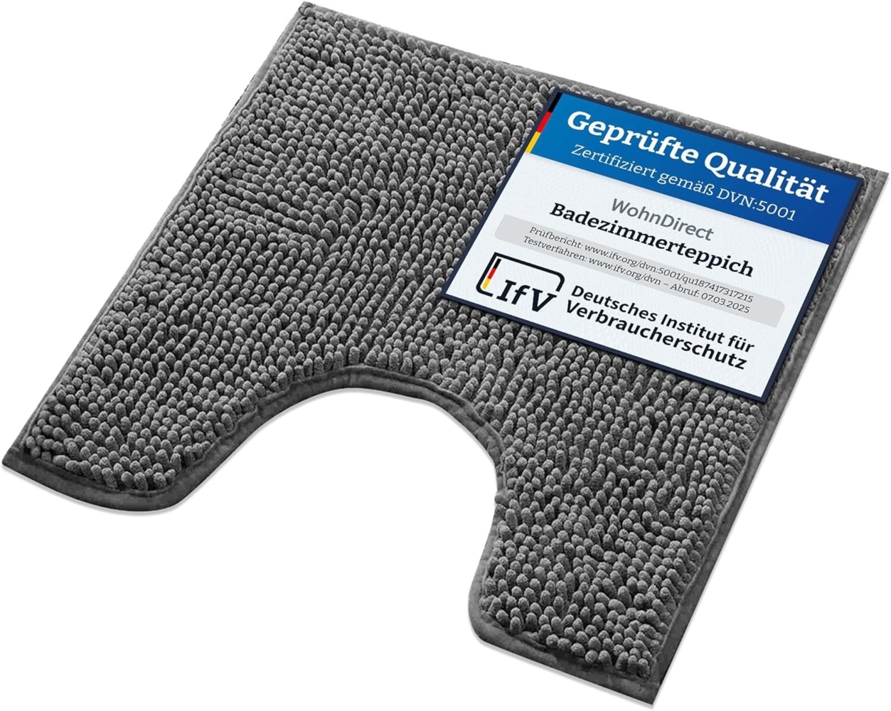 WohnDirect Badematte 45x45 cm MIT WC Ausschnitt | Grau - rutschfest & Waschbar - Badezimmerteppich zum Set kombinierbar, Badvorleger, WC Garnitur, Badteppich Bild 1