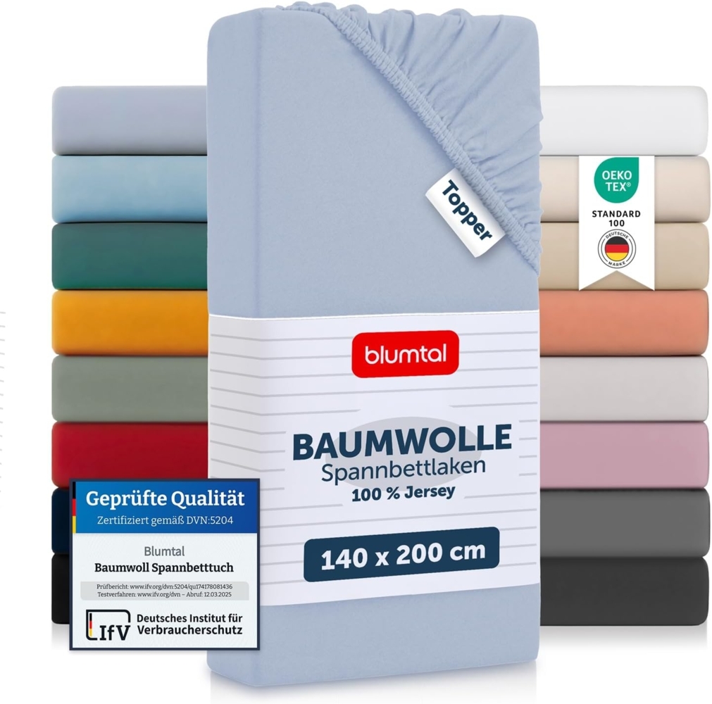 Blumtal® Basics Jersey (2er-Set) Spannbettlaken 140x200 cm -Oeko-TEX Zertifiziert, 100% Baumwolle Bettlaken, bis 7cm Topperhöhe, Hellblau Bild 1