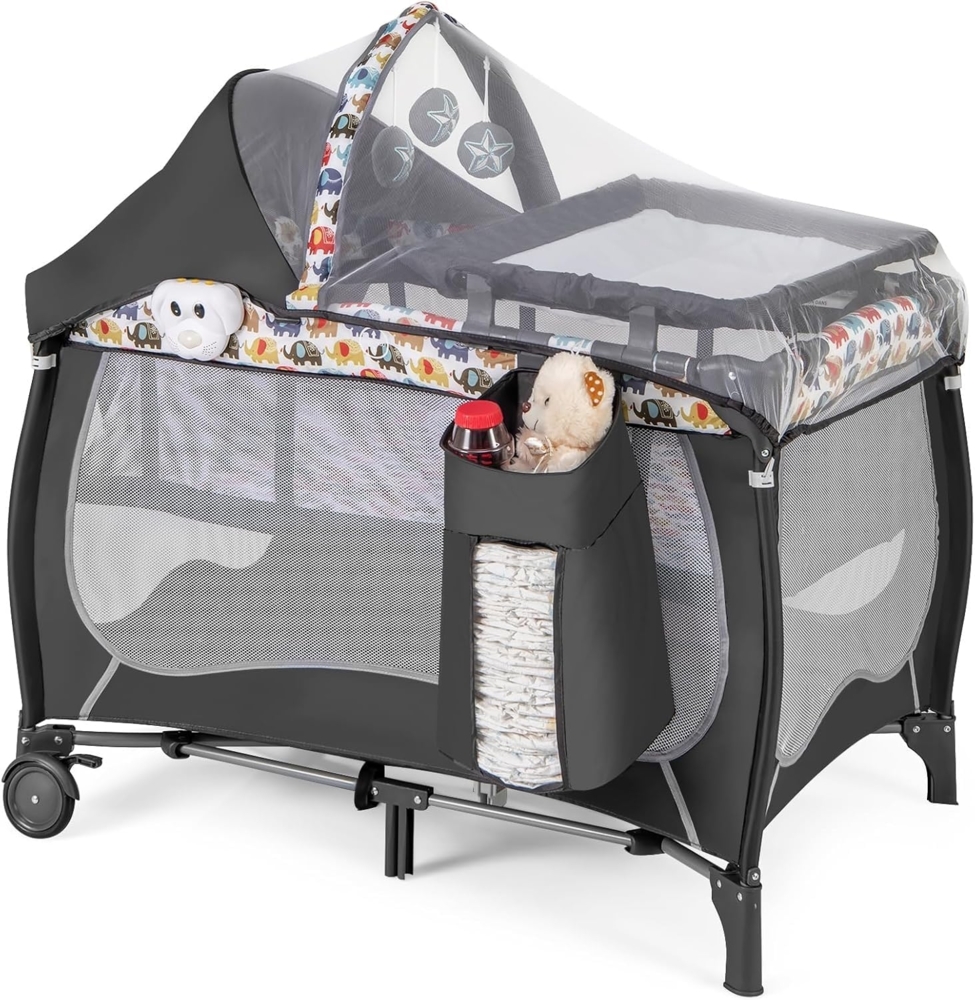 FANTASK 4 in 1 Babybett mit faltbaren Matratze & Wickeltisch & Baldachin, Kinderreisebett mit Rollen, Tragetasche tragbares Beistellbett mit Spielbogen und Spieluhr für Baby bis 36 Monaten Bild 1