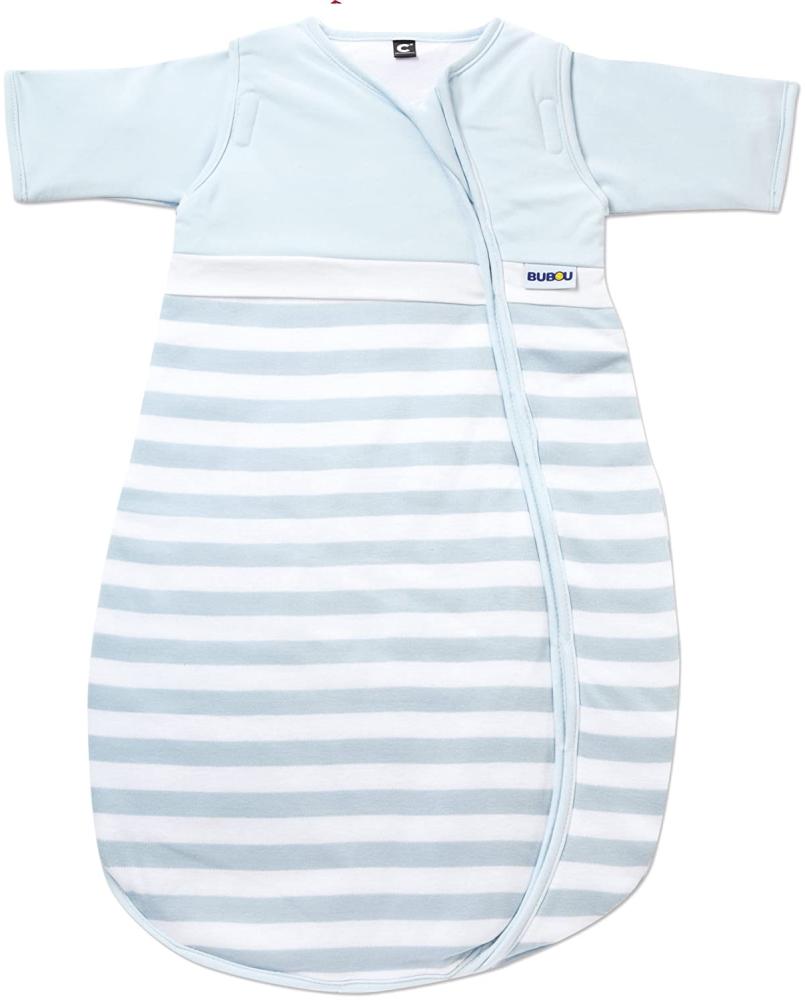 Gesslein 774138 Bubou Babyschlafsack mit abnehmbaren Ärmeln: Temperaturregulierender Ganzjahreschlafsack, Baby/Kinder Größe 130 cm, hellblau/weiß gestreift Bild 1