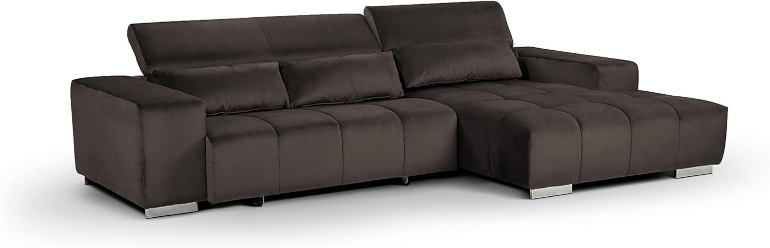 Mivano Ecksofa Orion / Große Eckcouch mit XL-Recamiere inkl. Relaxfunktion, Kopfteilfunktion und Kissen / 307 x 73 x 186 / Velours, Braun Bild 1