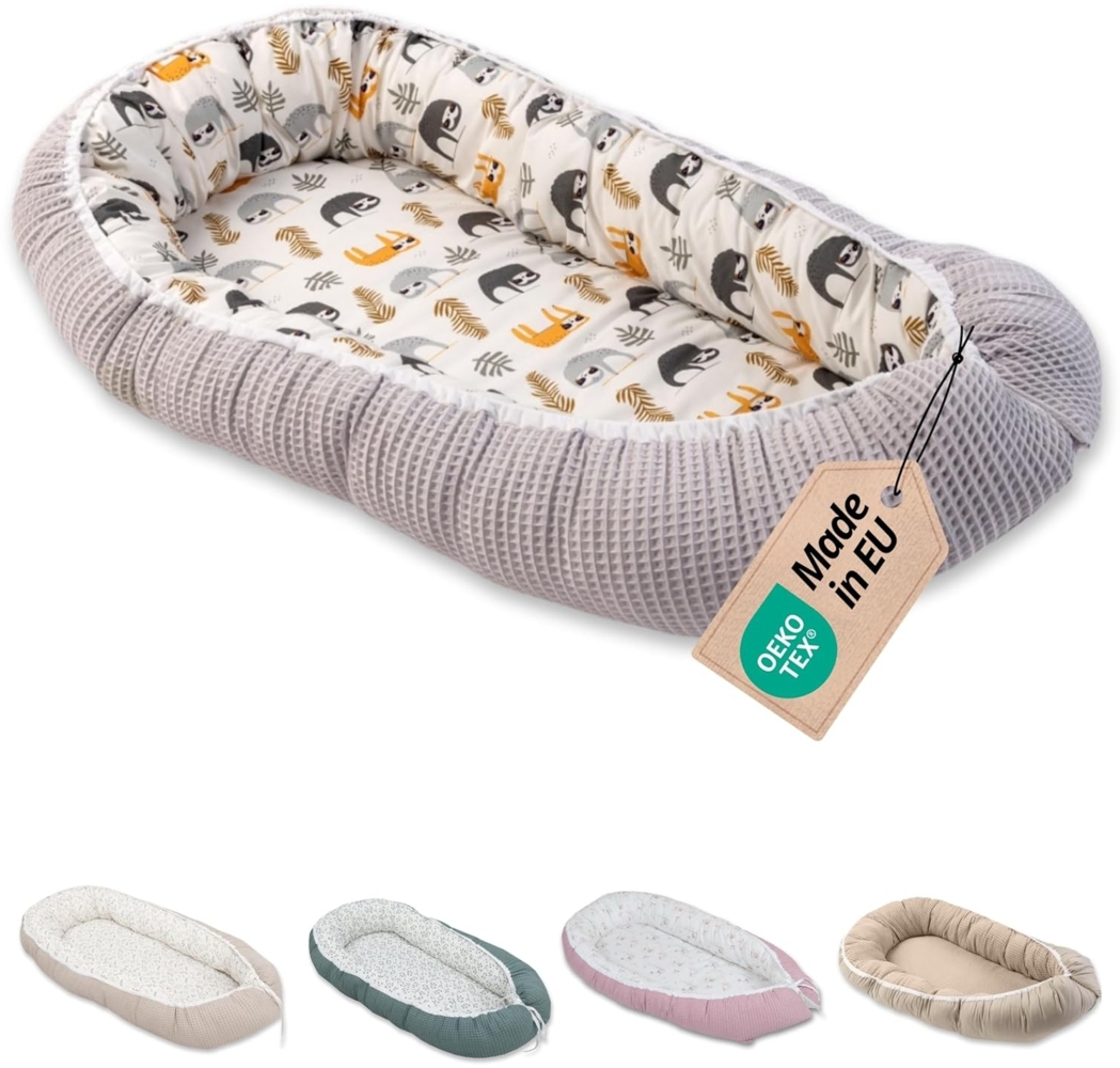 ULLENBOOM ® Bettnestchen Kuschelnest Baby 55x95 cm, kuscheliges Babynest, Made in EU, (1-tlg), Ideal für Neugeborene als Reisebett, Grau Faultiere Bild 1