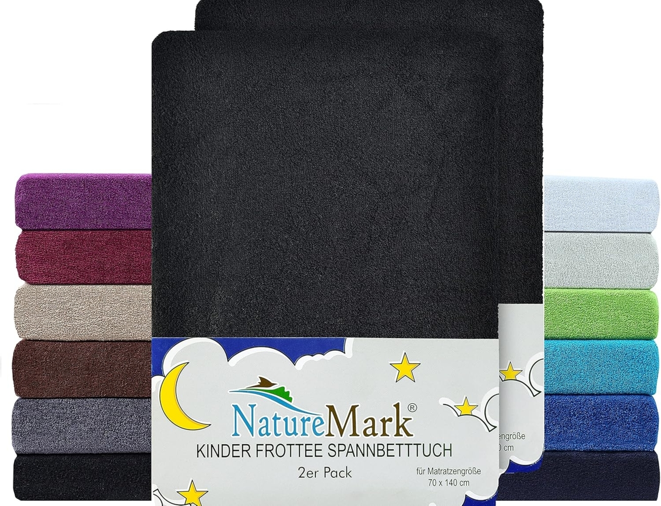 NatureMark Spannbettlaken Frottee Spannbettlaken, 80% Baumwolle / 20% Polyester, Gummizug: rundum, (2 Stück), 2er Set Kinder Spannbettlaken Frottee, Spannbetttuch 80% Baumwolle / 20% Polyester, für Babybett und Kinderbett, 70x140 cm - Schwarz Bild 1