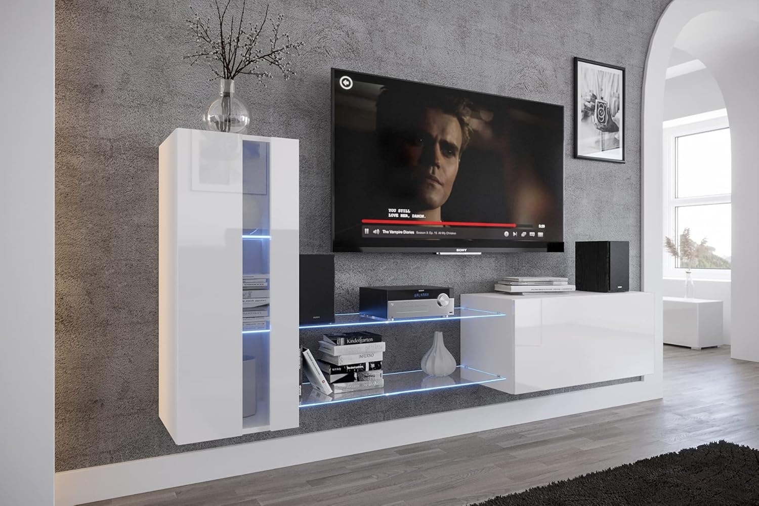 Furnitech Future C45 New Mediawand Wandschrank mit Led Beleuchtung Wohnzimmer Wohnwand Möbel Schrankwand (LED blau, 45N-HG-W2-1A) Bild 1