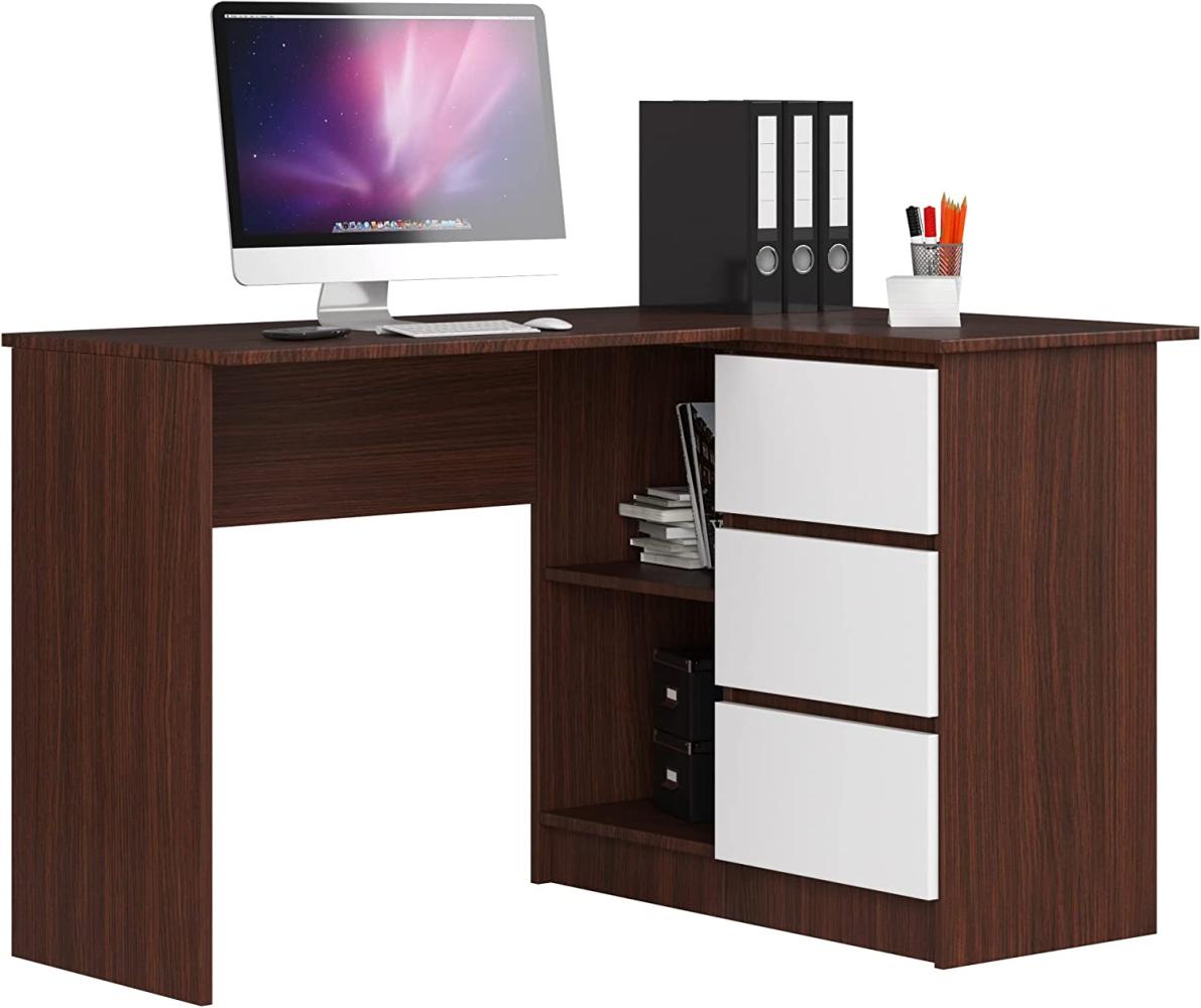 Akord Eckschreibtisch mit Regal und 3 Schubladen| Schreibtisch | ecktisch | Eck Schreibtisch für Home Office | Einfache Montage | Weiss Rechts Wenge/Weiß Bild 1