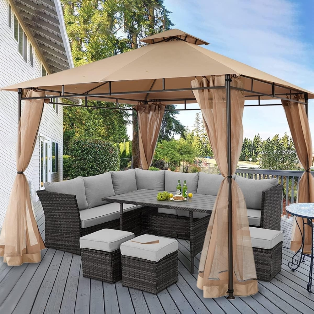 Sekey Pavillon 3x3 Wasserdicht Stabil Winterfest mit 4 Moskitonetz, Hinterhof-Gazebo für Garten Hof Terrasse, Partyzelt Gartenzelt fürFestival, Events, Partys, Picknick, Khaki Bild 1