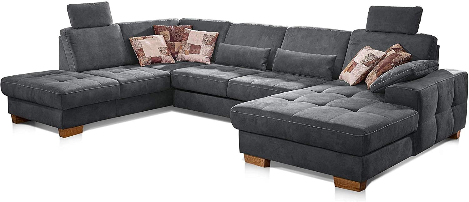 CAVADORE Wohnlandschaft Puccino mit Federkern, Schlaffunktion, verstellbarer Rückenlehne und 2 Kopfstützen / Sofalandschaft in U-Form im Landhaus-Design / 340 x 86 x 224 cm / Mikrofaser grau Bild 1