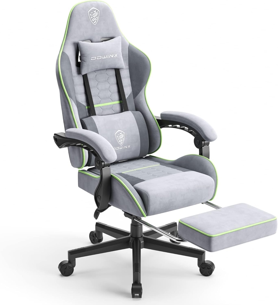 Dowinx Bürostuhl Tasche Frühling Kissen, Massage Gaming Stuhl Stoff mit Kopfstütze, Ergonomische Gaming Stuhl mit Fußstütze (grau&grün) Bild 1