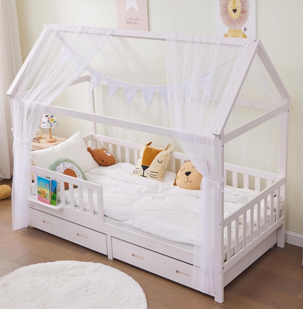 Alavya Home® Hausbett CLOUD aus Buche FSC® 100% zertifiziert KOMPLETT SET mit 2 Schubkästen (Kinderbett 80x160 cm mit Schublade inkl. Deko Weiß und Matratze), Aus massivem Buchenholz Bild 1