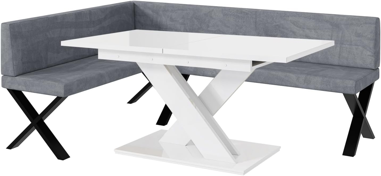 MEBLINI Eckbank für Esszimmer mit ausziehbarem Tisch - Küchenbank - Essecke - Sitzecke Küche - TONI - X-Beine 142x196x87cm Links - Grau Samt/B Weiß Hochgl. Bild 1