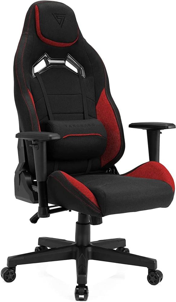 SENSE7 Gaming Stoff Vanguard Bürostuhl Zocker Gamer Ergonomischer Stuhl Armlehne Einteiliger Stahlrahmen Einstellbarer Neigungswinkel Schwarz-Rot, 41-49 x 66x58 Bild 1