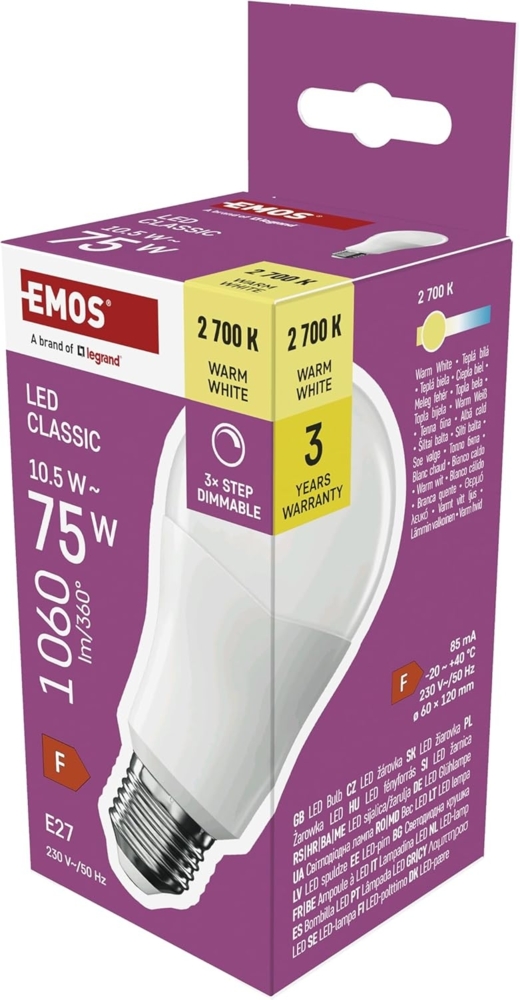EMOS - Dimmbare LED Lampe Classic 10,5W - A60-Birne Ersatz für 75W Glühbirne - E27 Sockel, Helligkeit 1 060 lm, Warmweiß 2700 K, 30000 h Lebensdauer - CRI min. 80, 160° Abstrahlwinkel - Step-Dimmen Bild 1