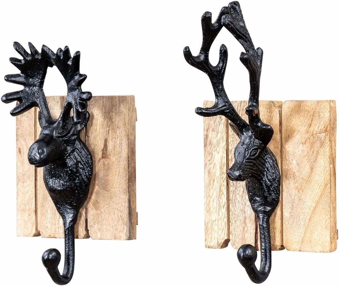 Levandeo® Garderobenhaken, 2er Set Kleiderhaken Hirsch Natur Schwarz Garderobe Deko Wandhaken Bild 1