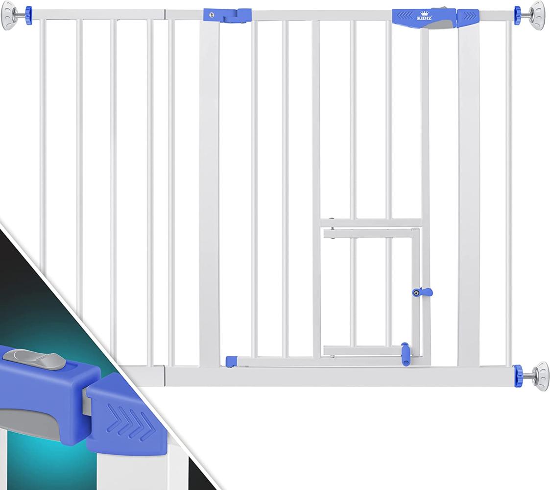 KIDIZ® Türschutzgitter Absperrgitter Treppengitter Kindergitter | mit Türe für Hunde und Katzen , Haustier | ohne Bohren | erweiterbar | kombinierbar mit Y-Spindeln | schwenkbar Blau, 102-115 cm Bild 1