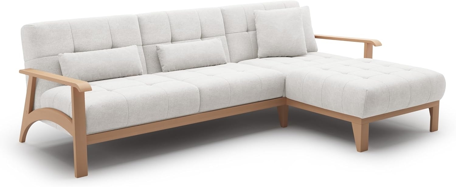 Cavadore Ecksofa Billan / Schlafsofa im skandinavischen Design mit Longchair, Bett und massivem Holzgestell in Buche / 264 x 88 x 183 / Mikrofaser, Weiß Bild 1