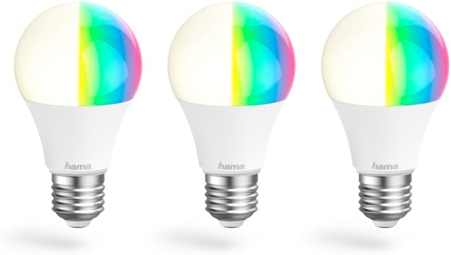 Hama WLAN LED Lampe E27 3er Set (Smart Home Lampe 8,5W Glühbirne, dimmbar, mehrfarbig RGBW, WIFI LED Lampe mit Sprachsteuerung und App, kompatibel mit Alexa, Google, Siri, Apple, kein Hub nötig) Bild 1