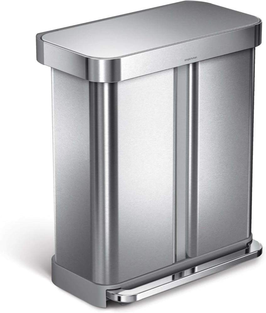 simplehuman 58 Liter, Rechteckiger Doppelfach Treteimer mit Beutelfach, gebürsteter Stahl, 10 Jahre Bild 1