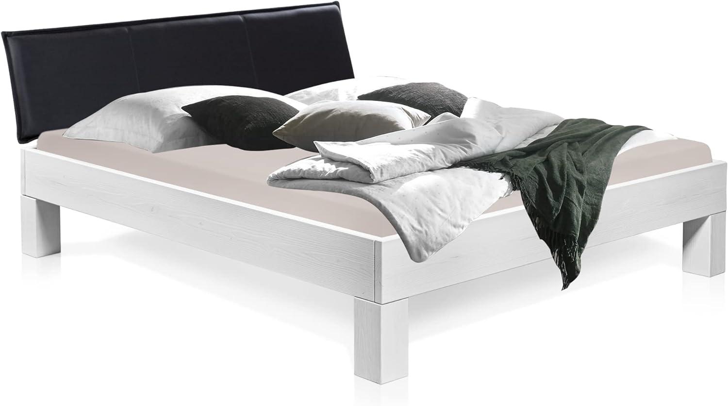 Möbel-Eins LUKY 4-Fuß-Bett mit Polster-Kopfteil, Material Massivholz, Fichte massiv weiss 160x220 cm Kunstleder Schwarz Bild 1