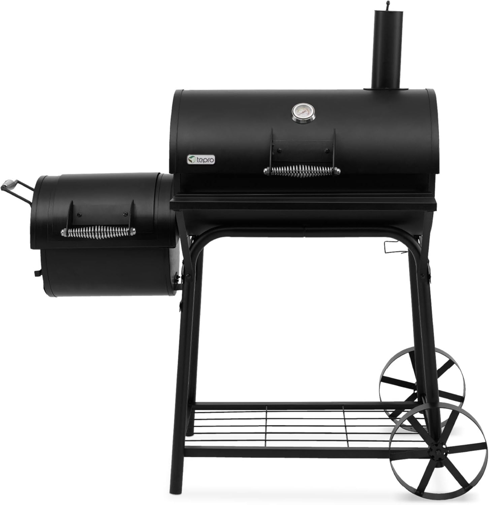 tepro BBQ Smoker Grill Biloxi, Holzkohle Grillwagen mit 2 Grillkammern, Räder und Thermometer im Deckel, Maße ca. 126 x 63,5 x 126 cm, Schwarz Bild 1