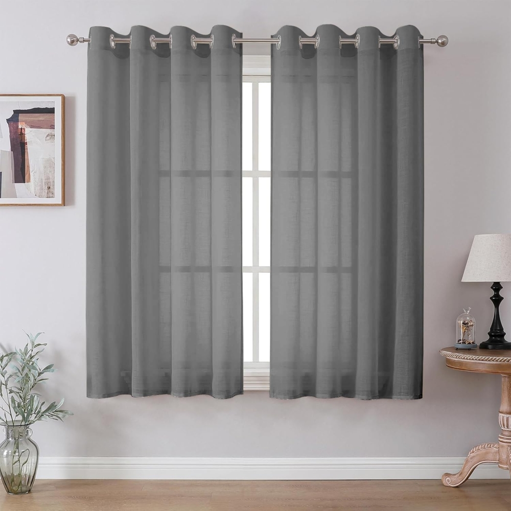 CUCRAF Leinenoptik Grau Voile Vorhänge mit Ösen Halbtransparent Gardine für Schlafzimmer Wohnzimmer H160 x B140cm 2er Set,Grau Bild 1