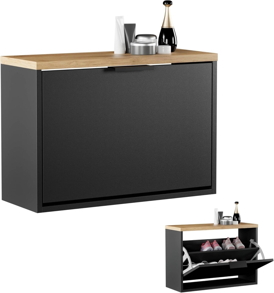 Planetmöbel Schuhschrank schmal mit 1 Klappe platzsparender Schuhregal mit 2 Ablagen, Schuhkommode für Diele, Flur, Garderobe 60 x 23 x 42,5 cm, schwarz Bild 1