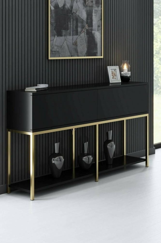 Dmora - Kommode Altair, Wohnzimmerbuffet, Wohnzimmer-Sideboard, Moderne Küchen-Speisekammer, 150x30h80 cm, Schwarz und Gold Bild 1