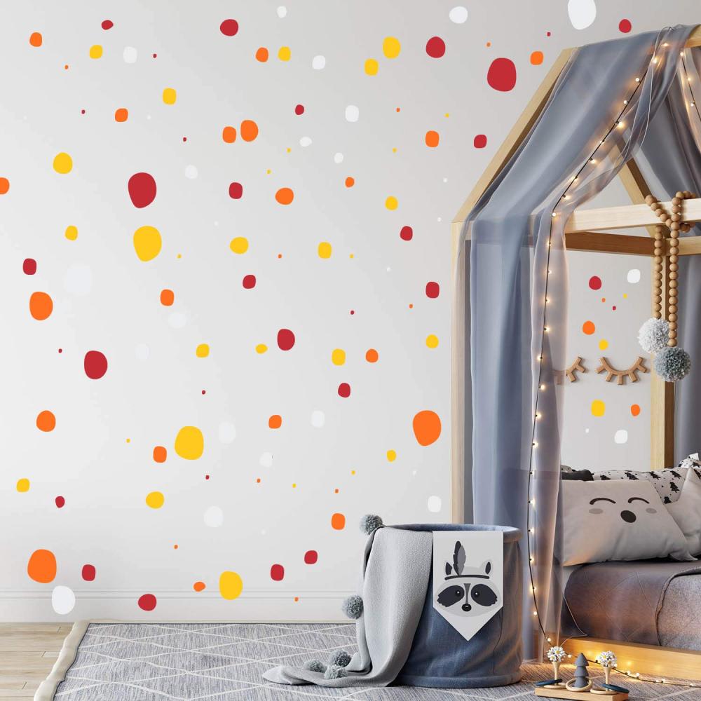 TUPFEN DOTS Wandtattoo 128 Stück | rund & handgezeichnet Punkte | Konfetti AUFKLEBER Kindergarten | unregelmäßige Punkte Wandsticker Kinderzimmer VIERFARBIG (FIRE) Bild 1