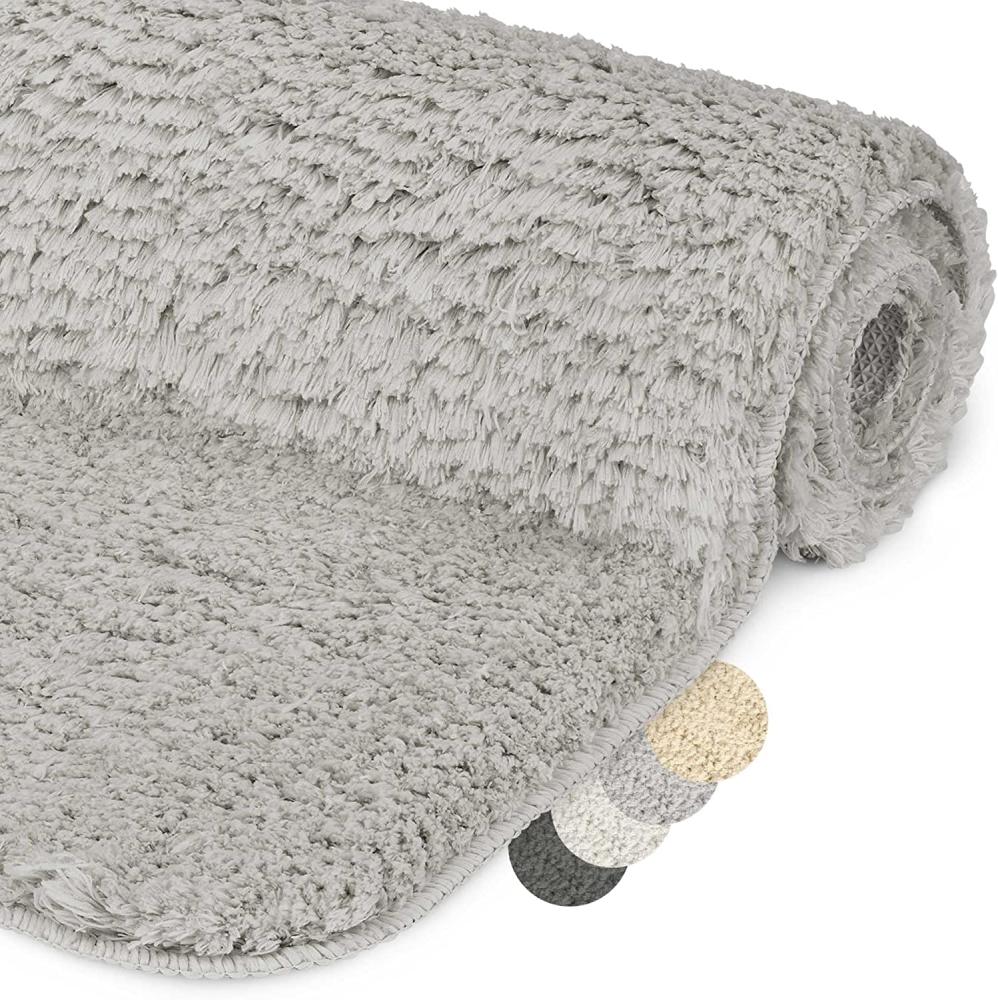 Beautissu Badematte rutschfest BeauMare FL Hochflor Teppich Hellgrau, 100cm, 60cm Bild 1