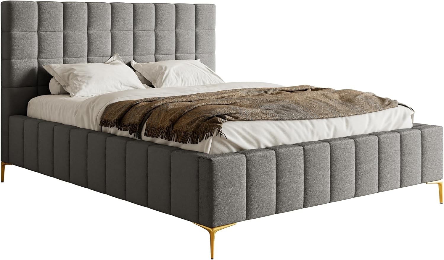 Selsey Bett Polsterbett Doppelbett 180x200 cm Mit Bettkasten Metallrahmen Goldene Beine Gasdruckfeder Schlafbett Chenille Grau Szejlo Bild 1