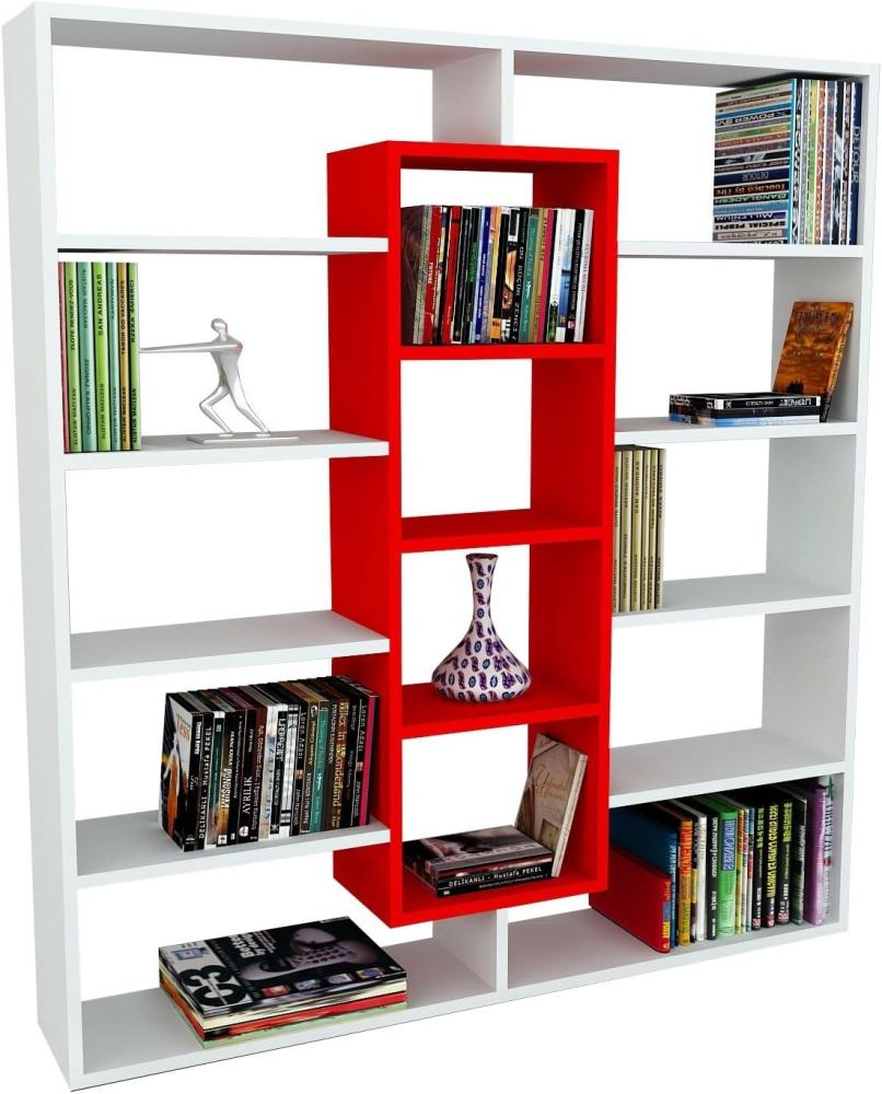 moebel17 Ample Bücherregal 0646 Wandregal Aufbewahrungsregal Standregal Regal Holz Weiß Rot, 14 Fächer, 125 x 135,7 x 22 cm für Wohnzimmer, Arbeitszimmer und Büro Bild 1