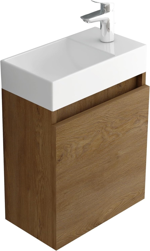 Alpenberger Badmöbel-Set Gäste WC Waschbecken mit Unterschrank - Badschrank Hängend, (2-tlg. Waschtisch Set Eiche, Waschbeckenunterschrank mit Softclose), Waschplätze für Kleine Bäder - Badschrank Hängend und Vormontiert Bild 1