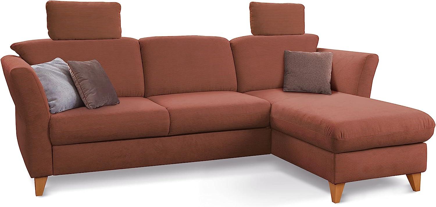 CAVADORE Schlafsofa Trend / Skandinavisches Ecksofa mit Federkern, Bettfunktion, Bettkasten im Longchair und 2 Kopfstützen / 249 x 86 x 162 / Cord, Kupfer Bild 1