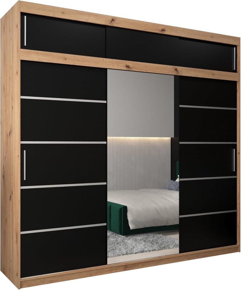 Kryspol Schwebetürenschrank Verona 2-250cm mit Spiegel Kleiderschrank Kleiderstange und Einlegeboden Schlafzimmer-Wohnzimmerschrank Schiebetüren Modern Design (Artisan Eiche + Schwarz mit Erweiterung) Bild 1