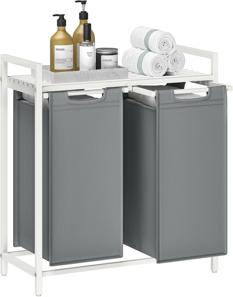Vasagle Wäschekorb 2 Fächer, Wäschesammler mit Ablage, Wäschebox, Wäschesack aus Oxford-Gewebe ausziehbar abnehmbar, Metallrahmen, 2x46 L, 73 x 33 x 72 cm, weiß-hellgrau von Songmics Bild 1